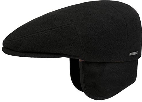 Stetson Kent Wool Ohrenklappen Flatcap Herren - Made in EU - Schiebermütze mit Ohrenklappen - Flat Cap mit Kaschmir - Ohrenmütze Herbst/Winter - Schirmmütze schwarz XL (60-61 cm)
