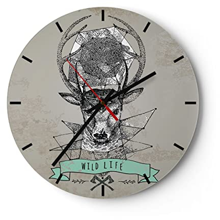 Modern Wanduhr Hirsch Geweih Wald 30x30cm Rund Klein Wand Uhr Glas Analog Zimmeruhren Küche Büro Wohnzimmer Glasuhr Wall Clock Dekoration Design Wanddekoration Küchenuhr C3AR30x30-3072