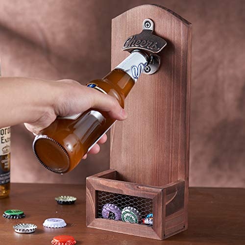 Bottle Opener with Cap CollectorCatcher,Vintage Wooden Wall Mounted Bottle Opener，Ideal Gift for Men and Beer Lovers, Use as Bar Decoration.