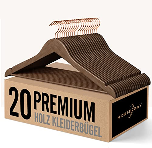 HOUSE DAY Kleiderbügel Holz, 20er Holzkleiderbügel, Kleiderbügel Nussbraun für Anzüge, 360° drehbarer Haken in Roségold, rutschfest, Einkerbungen im Schulterbereich
