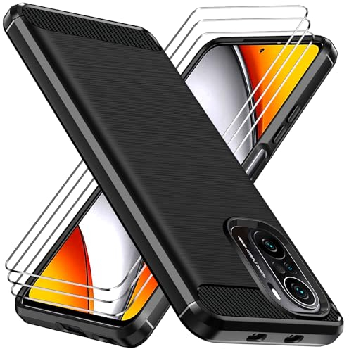 ivoler Hülle für Xiaomi Poco F3 5G / Xiaomi Mi 11i mit 3 Panzer Schutz Glas, Schwarz Stylisch Anti-Kratzer Handyhülle Stoßfest Schutzhülle Cover Weiche TPU Silikon Case