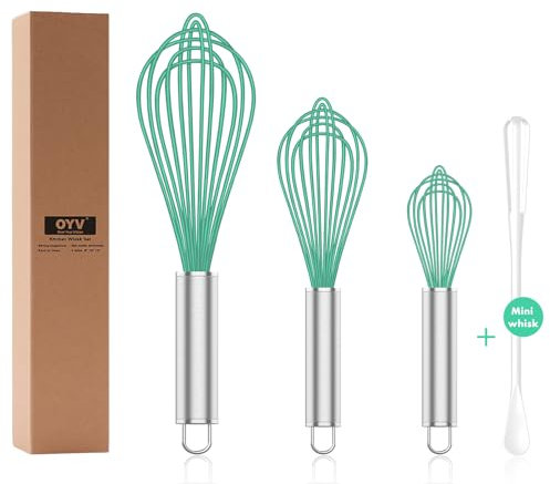 OYV Teal Silicone Whisk, Professional Silicone Whisks For Cooking Non Scratch, Stainless Steel & Silicone Wisk,Plastic Rubber Whisk Tool for Nonstick Cookware Pans, Silicon Wisks Set of 3, Aqua