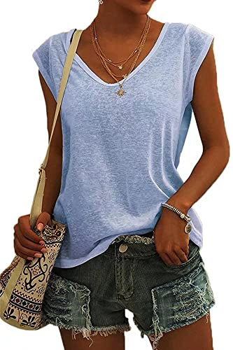ASKSA Women V Neck Cap Sleeve T-Shirt Summer Solid Color Tank Top Casual Loose Shirts Basic Tee Tops