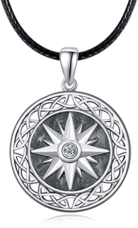 KINGWHYTE Collana con ciondolo a forma di bussola, in argento Sterling 925, da uomo, colore nero, con corda in pelle, lunghezza 50 cm, Argento sterling