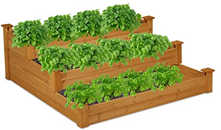 Relaxdays Hochbeet 3 Etagen, Stufenbeet HBT: 46 x 122 x 122 cm, Tannenholz, Pflanztreppe für Garten & Terrasse, Natur