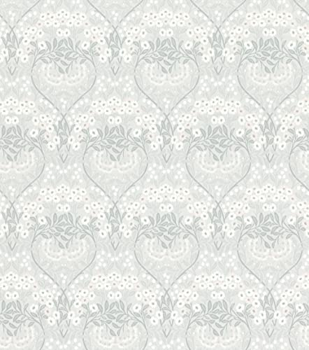 Rasch Tapete 710069 - Vliestapete mit Blättern in blassem Blau-Grau und Blumen in Rosa und Weiß aus der Kollektion Sophia - 10,05m x 0,53m (LxB)