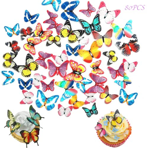 HIQE-FL 80 Pezzi Mixed Butterfly Fiori commestibili per Torte,Farfalle Decorative Torta,Farfalla Cupcake Toppers,Decorazioni per Cupcake a Forma di Farfalla