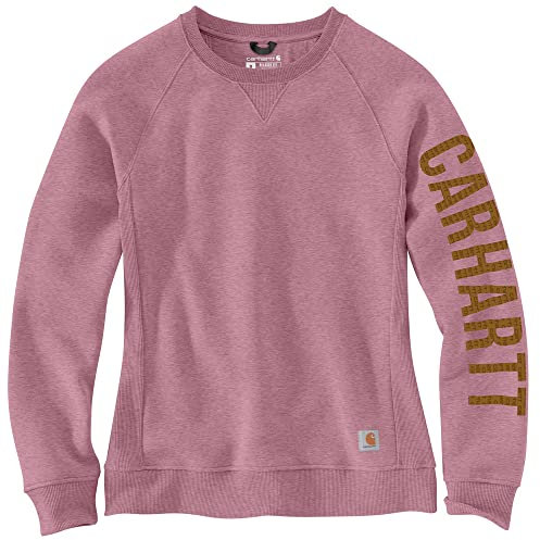 Carhartt Damen-Sweatshirt, lockere Passform, mittelschwer, Rundhalsausschnitt, Block-Logo-Ärmel, Grafik-Sweatshirt, Foxglove Heather, S
