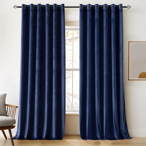 Woaboy Velvet Curtains for Living Room W 90 x L 90 2 Panels Navy Blue | Blackout Thermal Curtain for Bedroom 90 Drop Luxury Eyelet Drapes Soft Window Treatment Insulated Soundproof & Room Darkening