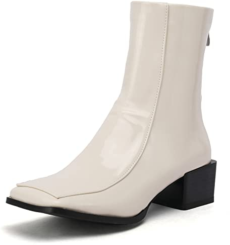 MJIASIAWA Damen Winter Square Toe Lack Stiefeletten Leisure Block Mitte Absatz Mode Chelsea Stiefel Party Schuhe Beige Gr 34 Eu