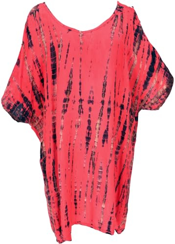 GURU SHOP Schulterfreies Batikdress, Cold Shoulder Tunika, Strandkleid | Luftig und leicht, aus 100 % Viskose, lockere Passform, einzigartiges Batikdesign, ideal für den Sommer.