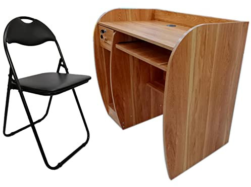 Meta Home Office Desk, Teak Computer Desk With Shelve & Sliding Keyboard Tray PC Laptop Table For Writing Workstation Bedroom Study Furniture (Computer Table with Black chair)
