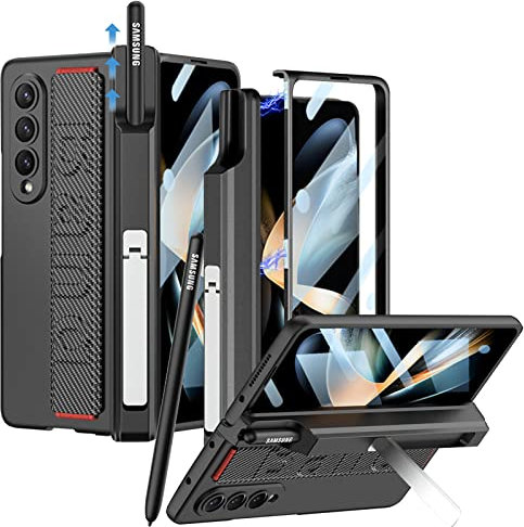 NINKI Compatible Magnétique Coque pour Samsung Galaxy Z Fold 4 avec Fente pour Stylo & Courroie de Poignet, Protection des Charnières Coque Z Fold 4 5g, Coque Samsung Fold 4 avec Support Carbone