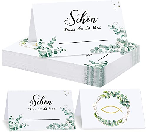 Wentsent Tischkarten 50 Stück|Schön Dass Du Da Bist Eukalyptus mit Fisch Platzkarten |Vintage Namenskarten|Namenskarten zum Beschriften Tischdeko für Hochzeit Konfirmation Taufe Kommunion