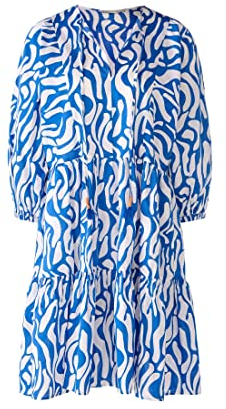 Oui Damen Kleid aus 100% Baumwolle Voile Oversized geschnitten Alloverprint Freizeit V-Ausschnitt ohne Kragen Baumwolle