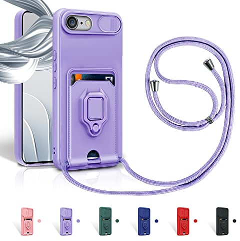 Aithne Case für iPhone 6/6S/7/8/iPhone SE 2022 Handykette Hüll,Slide kameraschutz,Silikon Handyhülle zum Umhängen Kette,360 Grad Ringhalter Stand Kartenfach-Lila