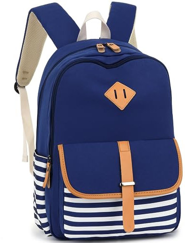 Leaper Schulrucksack aus Segeltuch für Mädchen, Laptoptasche, Reisetasche, Büchertasche, Tagesrucksack, blau gestreift, Large-more layers, Tagesrucksäcke