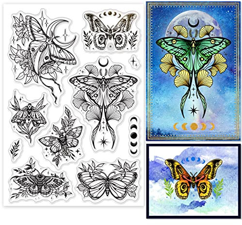 ORIGACH Motten Silikon Klarstempel für Kartenherstellung, Motten Sterne Mondphasen Transparente Stempel für DIY Scrapbooking, Journaling, Fotoalbum und Handwerksbedarf