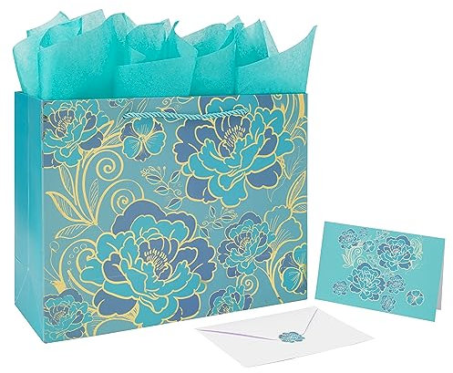 13 Large Rose Green Gift Bag Set with Greeting Card and Tissue Paper(Foil Traced Flowers) for Celebrating Birthdays, Valentine's Day, Weddings, Anniversaries, Mother's Day- 13”x5.2”x10.2”,1 Pcs.