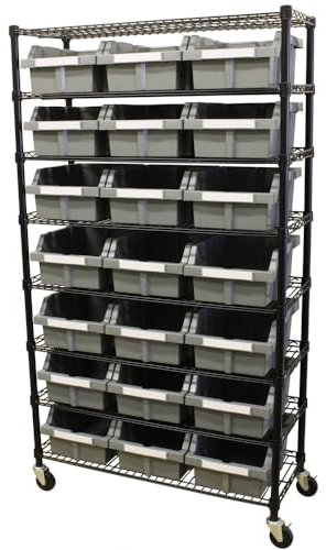 Shelving Unit 61cmx x36cm x 142cm, 7 Shelf Commercial Racking with 12 Grey Storage Bins and Levelling Feet, Trolley on Wheels