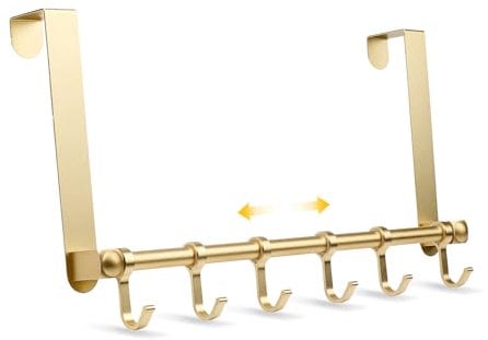 Pilipane Over Door Hanger, Moving 6-Hooks, Over Door Coat Rack for Hanging, Aluminum Heavy Duty Door Organizer for Towel Robe Hat Bag, Door Hangers for bedrooms, Behind Back of Door Bathroom (Gold)