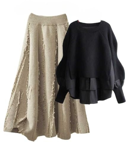 Damen Strickrock Zweiteilig Schwarzer Pullover Mit Rundhalsausschnitt Und Ausgestellter Rock In Aprikosenstrick Lässiges Warmes 2 Teiliges Strickset Herbst Winter Eleganter Pullover Midi Strickrock