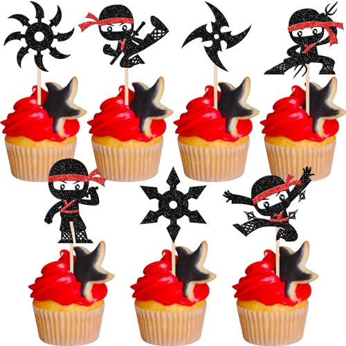 Cupcake-Aufsätze mit Ninja-Motiv, Glitzer-Darts, Kampfsport, Karate, Kung-Fu-Krieger, Cupcake-Picks für Ninja-Thema, Babyparty, Kinder, Samurai, Geburtstagsparty, Kuchendekorationen, Zubehör, 28 Stück