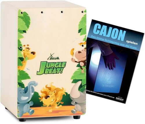 XDrum KC-37JB Kinder-Cajon Set - Kleine Cajon speziell für Kinder - Nur 36 cm hoch - Snare-Effekt durch stimmbare Gitarrensaiten - Spar-Set mit Cajon-Schule für Einsteiger - Jungle Beat