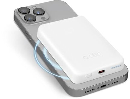 SBS PowerBank 5K MagSafe Wireless, 5.000mAh, Power Bank con Ricarica Rapida, Magnetico, Intelligent Charge (IC), LED di Carica, USB-C, Caricabatterie Portatile da Viaggio, Design Compatto, Bianco