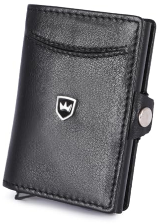 Kronenschein® Geldbörse Herren & Damen - Portemonnaie Leder mit RFID Schutz klein - POP-UP Geldbeutel Mini - Slim Wallet - Kartenetui - Portmonee Schwarz