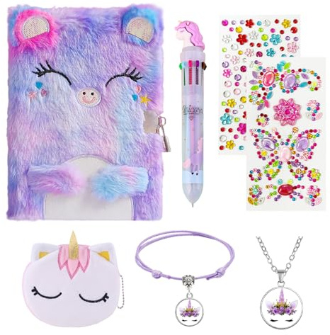 DHSBGWSX 7-Teiliges Traum-Notizbuch-Set, Plüsch-Tagebuch, Regenbogen-Pferd-Schreibstift, Niedliches Cartoon-Set, Kreative Schreibwaren, Geschenke Für Mädchen