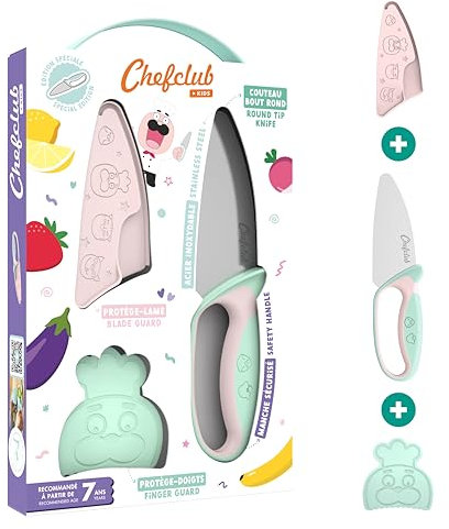 CHEFCLUB KIDS - Couteau De Cuisine Pour Enfants - Lame Acier Inoxydable - Protège-Doigts et Protège Lame - Sécurisé - Rose & Vert pastel
