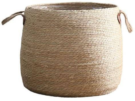 LOVIVER Woven Plant Basket Large Plant Pot Round Lined Rattan Storage Baskets Rustic Wicker Planter Basket with Handle for Indoor Lawn Yard Home Plant Flower Sundries, L