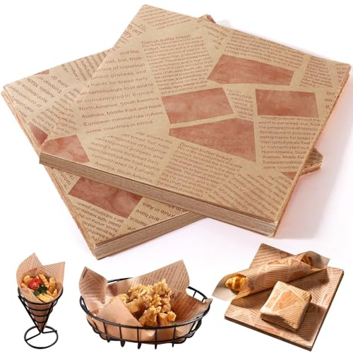 Nadinsta 250 Pcs Greaseproof Parchment Paper Sheets, 18 * 18cm Newspaper Printing Style Baking Paper Sheets, Waterproof Food Grade Wrap Paper for Bread Sandwich Burger Fries