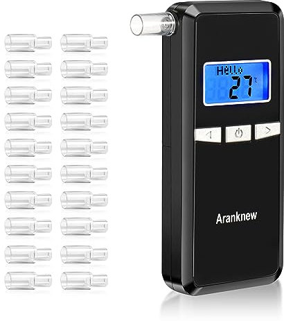 Aranknew Alkoholtester Polizeigenau, Tragbarer Atemalkoholtester mit Digitalem Blauen LCD-Display für den Persönlichen und Professionellen Gebrauch mit 20 Mundstücken, Schnelle Halbleitermessung