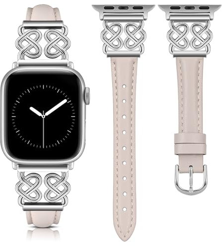 TOYOUTHS Leather Strap Compatible with Apple Watch Straps Women 42/41/40/38mm Dressy Slim Leather Strap with Designer Heart Knot Buckle for iWatch Series 10/9/8/7/6/SE/5/4/3/2/1, Starlight/Silver