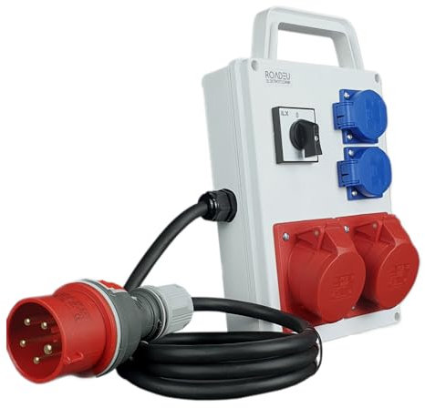 RoadEu - Portátil Distribuidor de corriente 16A con interruptor principal 0-1. 2x enchufes CEE 16A - con 2x enchufes Schuko de 230V. Regleta 1m. IP44 Ideal para Taller, Cobertizo y Fábricas