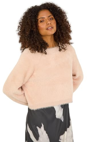 Dusk Fashion Fluffy Long Sleeve Knit Jumper for Women UK - Ladies Everyday Autumn Winter Round Neckline Comfy Soft Evening Vacation Work Party Night Out - Pink - Size 14