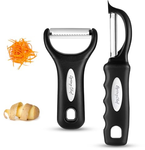 Spring Chef Swivel & Vegetable Julienne Peeler Set for Kitchen with Stainless Steel Sharp Blades - Potato Peelers with Soft Grip Handles & Blade Covers - Perfect for Carrot, Zucchini, Cucumber - Black