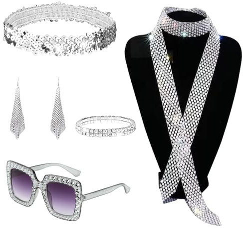 ATSNOSH Glitzer Disco Accessoires, 70er Jahre Fancy Dress Zubehör für Damen, Pailletten Schal Ohrringen Sonnenbrille Armband Stirnband, Disco Kostüm Set, für Thema Party Karneval (5 Stück)