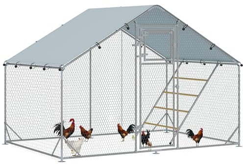 PawHut Hühnerstall Freilaufgehege aus Stahl, 3 x 2 x 1,95 m Hühnerkäfig mit UV-beständiger Abdeckung, Futtertür, Hängefütterung, Sitzstange, Hühnergehege für 6-8 Hühner, Kleintiere, Silber