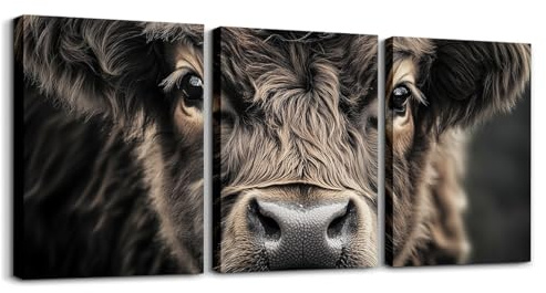 Loussiesd Hochland Rinder 3er Poster Set 3D Hochland Kuh Leinwandbilder Nettes Tier Western Dekor Deko Bilder Bauernhaus Wildlife Kunstdrucke Bauernhaus Rinder Bull Wandbilder Set