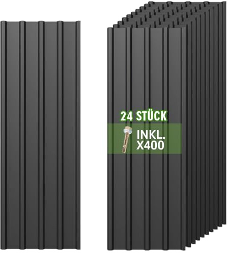 Warmfay® Corrugated Metal Roofing Sheets 24PCS with 400 Screws, 115×45cm (12.42m²), Black Galvanised Trapezoidal Roof Panels, UV-Resistant & All-Weather Metal Roofing for Greenhouse, Carport & Garage