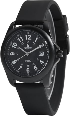 BUREI Herrenuhr, Uhr im Militärstil mit Datumsanzeige, wasserdicht, Outdoor-Sport, Geschenk für Herren (Ganz in Schwarz, Silikon)