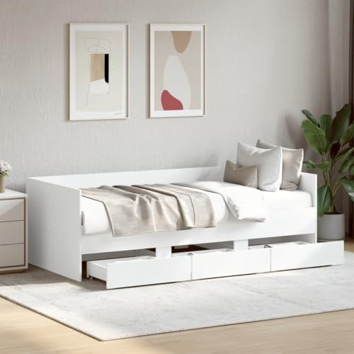 Hoodmeel Tagesbett mit Schubladen 100x200 Schlafsofa 100x200 mit Schubladen Jugendbett Gästebett Bettgestell mit Lattenrost aus Holz-Weiß-100 x 200 cm