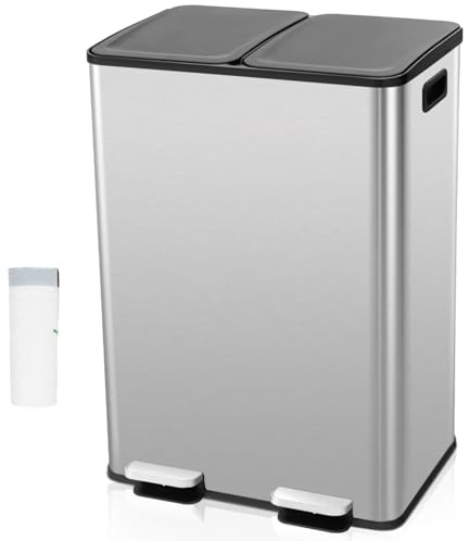 TANGZON 2x30L Recycling Pedal Bin, Double Kitchen Waste Bin with Plastic Inner Bucket, Soft Closure, Deodorant Boxes & 15 Trash Bags, Fingerprint Proof Airtight Stainless Steel Trash Can (Silver)