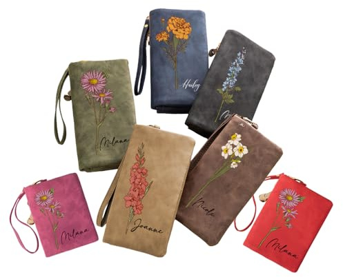 GSTFY Personalisierte Geldbörsen für Frauen Leder Personalisierter Name Aquarell Geburtsblume Damen Geldbörse Mutter Geldbörse mit Kartenhalter Handgelenks-Gurt Geburtstagsgeschenke für Sie Oma Lang