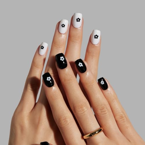 LAMIMOSA 32Pcs Daisy Flower Press On Nails Short Square – Black n White False Nails with Glue, Soft Gel Stick On Nails in 16 Sizes, Spring Summer Fake Nails Kit, Design Glue On Nails, DAISY