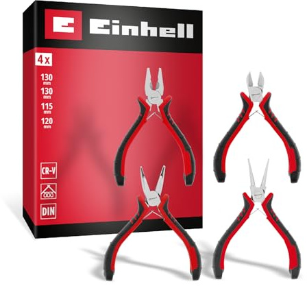 Einhell 4-tlg Feinmechaniker-Zangen-Set. | Seitenschneider | Kombizange | Spitzzange | Rundzange | vernickelter CrV-Stahl | Blattfeder | ergonomische Griffe