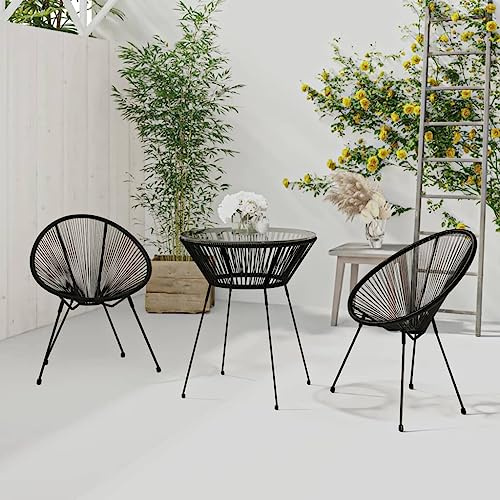 GeenYuu 3-TLG Garten-Essgruppe aus rundem PVC-Rattan Schwarz mit Hartglas Tischplatte und pulverbeschichtetem Stahlgestell, wetterfest, pflegeleicht, ideal für Balkon Terrasse und Outdoor Nutzung